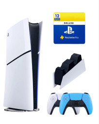 Приставка Sony Playstation 5 slim 1 Tb+2-ой геймпад(голубой)+зарядное+Делюкс 12 месяцев