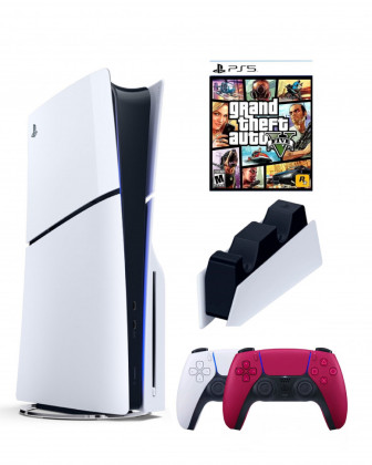 Приставка Sony Playstation 5 slim 1 Tb+2-ой геймпад(красный)+зарядное+GTA 5